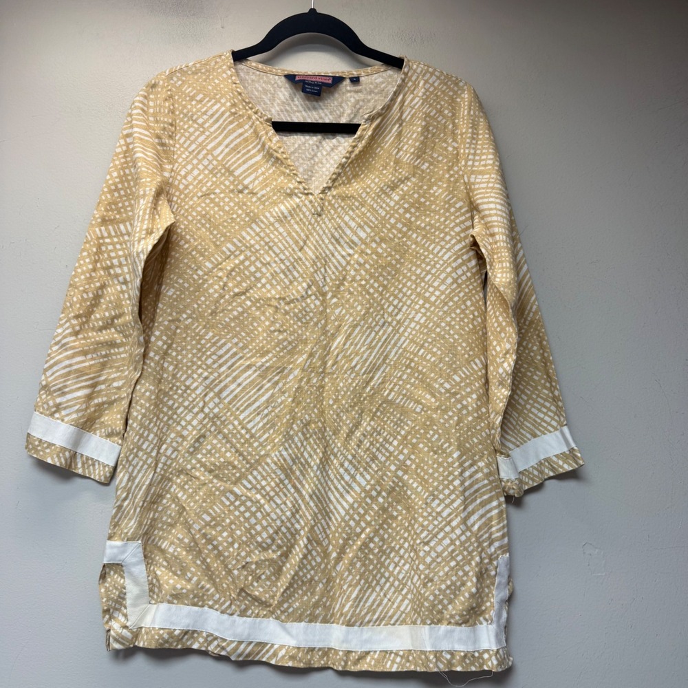 Vineyard Vines Tunic Womens Small Yellow Excellent Linen Abstract V-Neck Trim